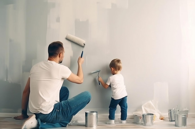 Un padre y su hijo pintando una pared.