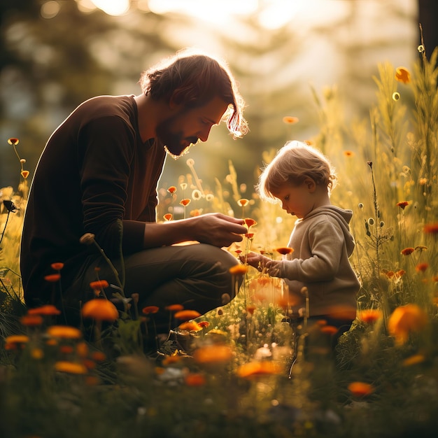 Padre con su niño jugando con él en un jardín