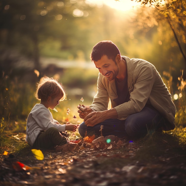 Foto padre con su niño jugando con él en un jardín