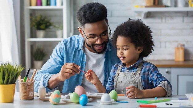 Padre y su pequeño hijo pintando los huevos de Pascua