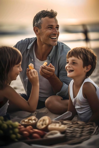 Un padre y sus hijos almorzando en la playa Ilustración generativa de IA