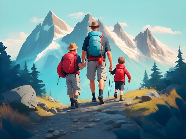 Foto un padre y sus hijos caminando juntos en las montañas en el día del padre