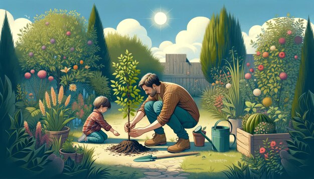 Un padre y sus hijos se unen en la jardinería