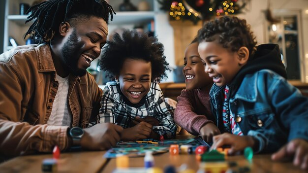 Un padre y sus tres hijos están jugando un juego de mesa juntos y riendo