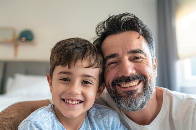 Foto padre tomando una foto selfie con un hijo joven sonriente conmovedor padre y hijo unión