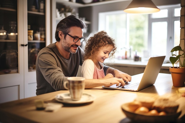 Foto el padre trabaja en la computadora portátil mientras la hija juega en la cocina