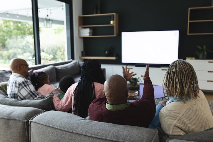 Foto padres afroamericanos hijo hija y abuelos viendo televisión con espacio de copia en cámara lenta