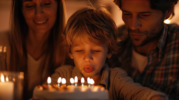 Los padres del cumpleaños de un niño de 39 años soplan juntos el pastel de cumpleaños.