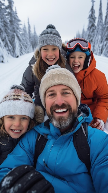 Padres e hijos bajando juntos en trineo por una colina nevada
