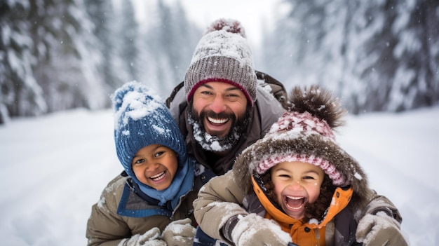 Padres e hijos bajando juntos en trineo por una colina nevada