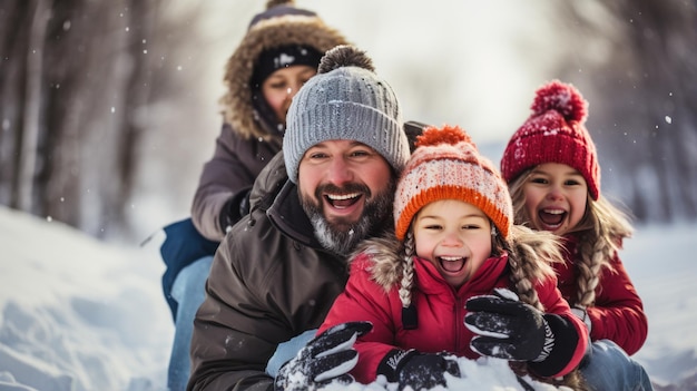 Padres e hijos bajando juntos en trineo por una colina nevada