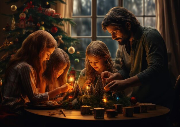 Padres e hijos decorando juntos el árbol de Navidad