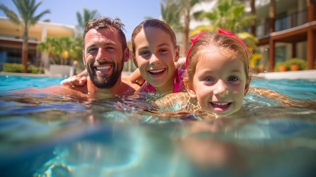 Padres e hijos extasiados con IA generativa en la piscina
