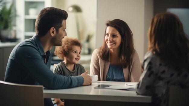 Padres emocionados discutiendo las opciones de cuidado de los niños con un representante de la agencia de niñeras