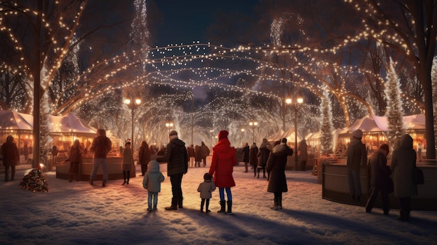 Padres de familia e hijos en un hermoso jardín de invierno con luces navideñas en los árboles por la noche