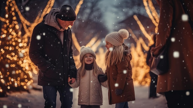 Padres de familia e hijos en un hermoso jardín de invierno con luces navideñas en los árboles por la noche