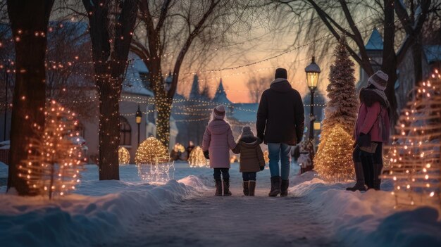 Padres de familia e hijos en un hermoso jardín de invierno con luces navideñas en los árboles por la noche