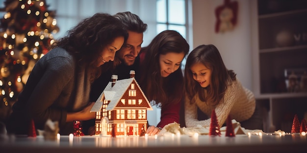 Padres felices decorando el árbol de Navidad familiar con su hija IA generativa