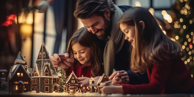 Padres felices decorando el árbol de Navidad familiar con su hija IA generativa