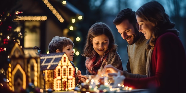 Padres felices decorando el árbol de Navidad familiar con su hija IA generativa