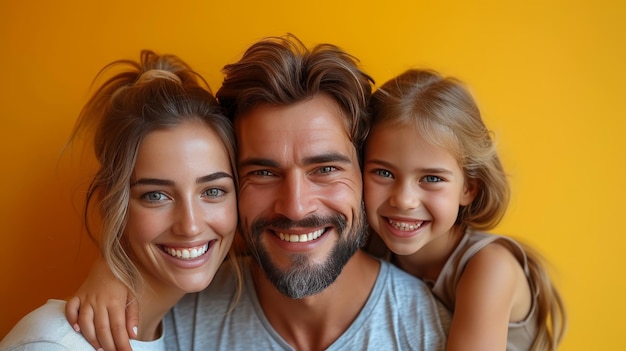 Padres felices, mamá y papá con hijos, niño y adolescente con camisetas básicas, dando a su hija a su espalda, aislados en fondo amarillo, retrato de estudio, día familiar, concepto de la infancia de la paternidad.