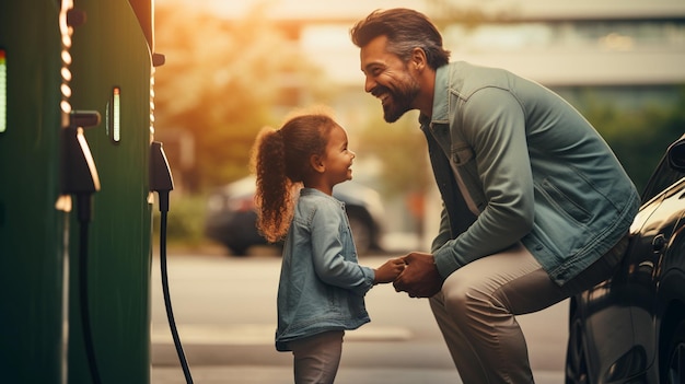 Foto padres y hijas jóvenes progresistas con vehículo eléctrico y estación de carga en el hogar energía verde y limpia de vehículos eléctricos para un medio ambiente saludable energía ecológica de fuentes renovables en el hogar