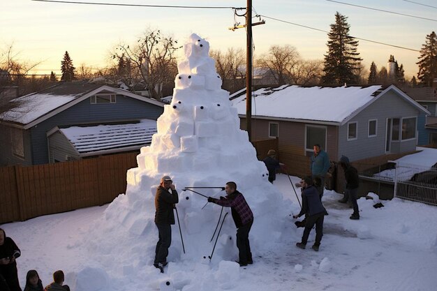 Padres y hijos construyendo un muñeco de nieve en el bloque 1_0jpg