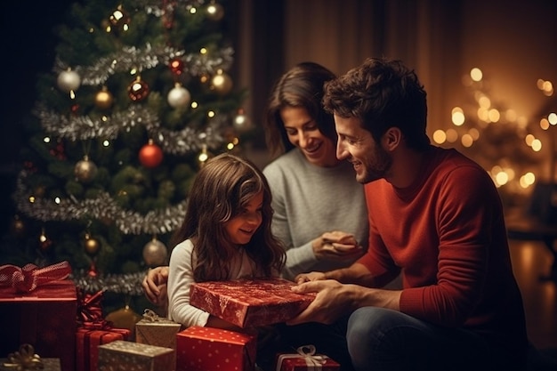 Padres y hijos felices celebrando y abriendo una caja de regalos en la víspera de Navidad y la fiesta de Año Nuevo juntos con la diversión de la IA generativa