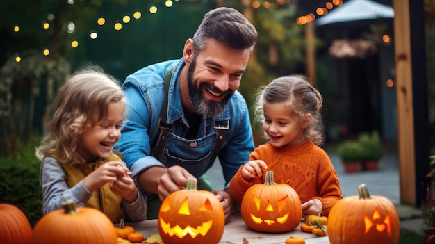 Padres y hijos felices tallan una calabaza juntos para las vacaciones de Halloween