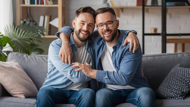 Foto padres y hijos gays alegres sentados juntos en el sofá y abrazándose el uno al otro vista delantera