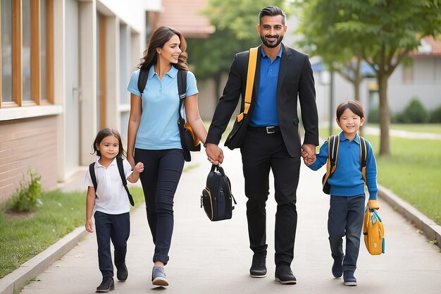 Foto los padres llevan a sus hijos a la escuela