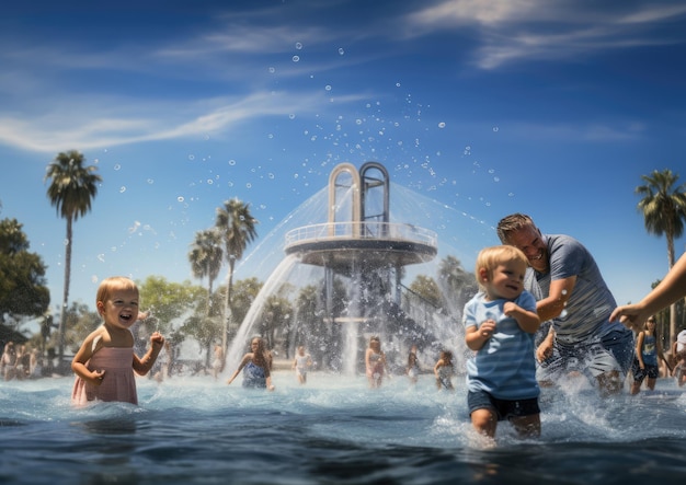 Foto padres y niños jugando en un parque acuático