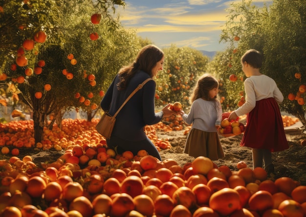 Padres y niños recogiendo manzanas en un huerto de calabazas