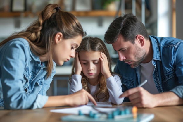 Foto padres preocupados consolando a su hija molesta una escena de apoyo familiar