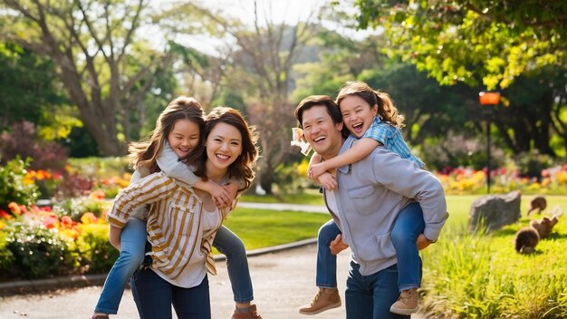 Foto padres sonrientes dando paseo a sus hijos en el parque