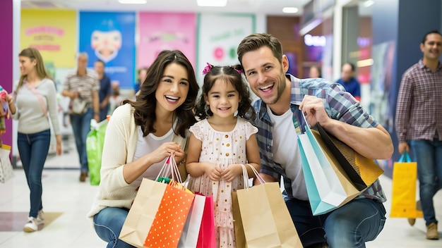 Los padres y su hija están sosteniendo bolsas de compras