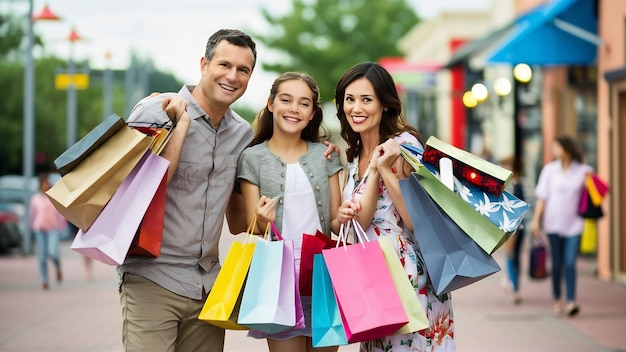 Los padres y su hija están sosteniendo bolsas de compras