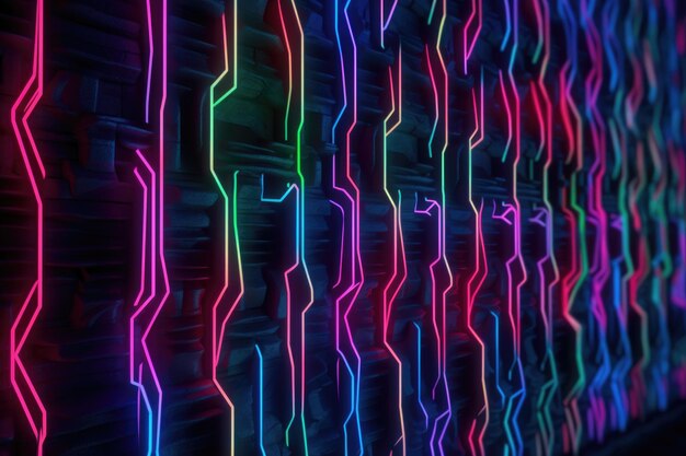 Padrões abstratos de luz neon em uma parede escura criada com ai generativa