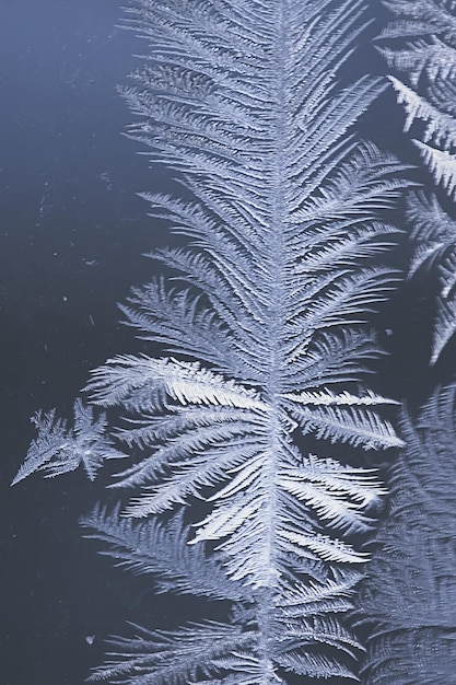 Padrões de geada no vidro da janela, fundo abstrato neve de geada de inverno