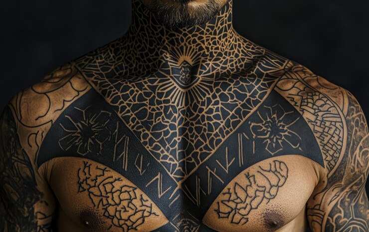 Foto padrões de tatuagem geométricos cobrindo um torso esculpido