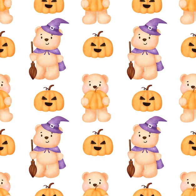 Padrões sem emenda de halloween com bruxa fofa e elementos de halloween