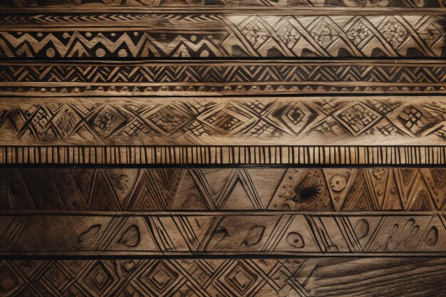 Padrões tribais gravados em tons quentes de terra em uma superfície de madeira rústica