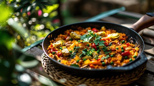 La paella de alcachofa y frijol vegetariana contra una colorida terraza de jardín