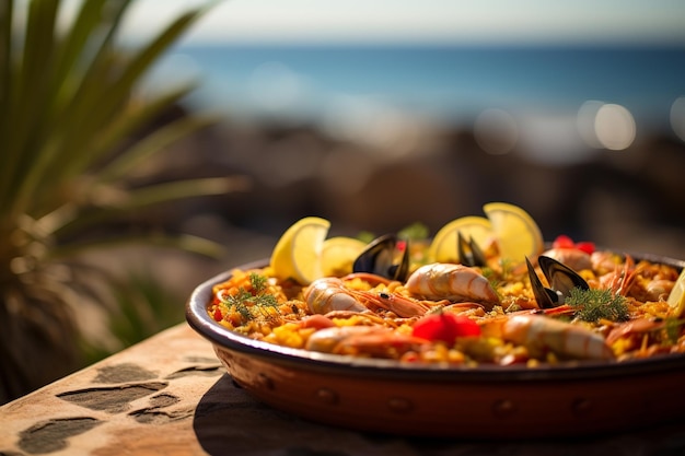 Foto paella auténtica con un vistazo a la costa de valencia