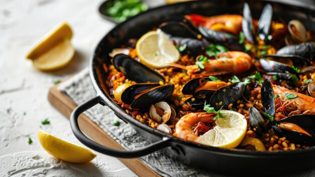 Paella de calamar en una mesa blanca