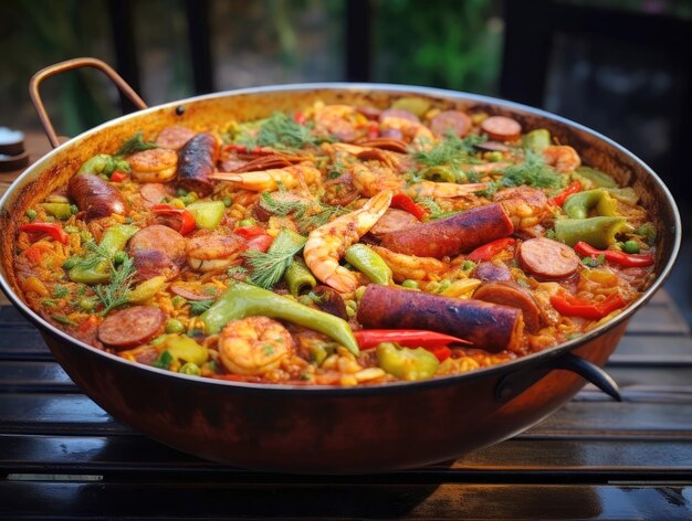 Paella con carne, verduras y salchichas