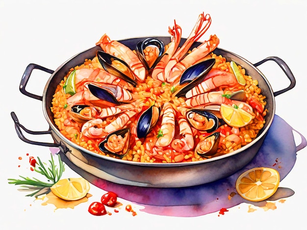 Paella clipart aquarela isolado em fundo branco