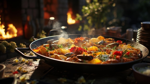 Paella cocinando al aire libre en un fuego abierto