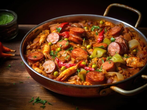 Paella com carne, legumes e salsichas