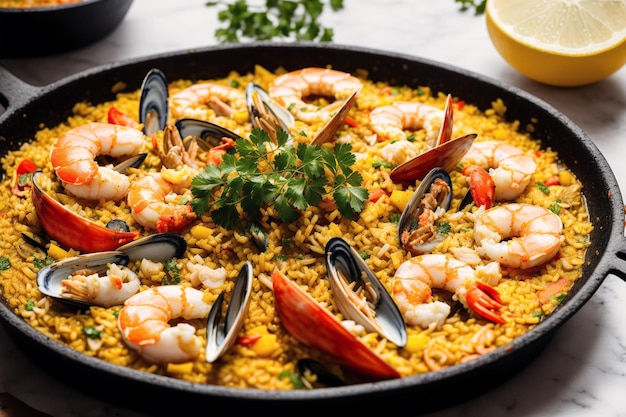 Paella com frutos do mar e limão em mesa de mármore